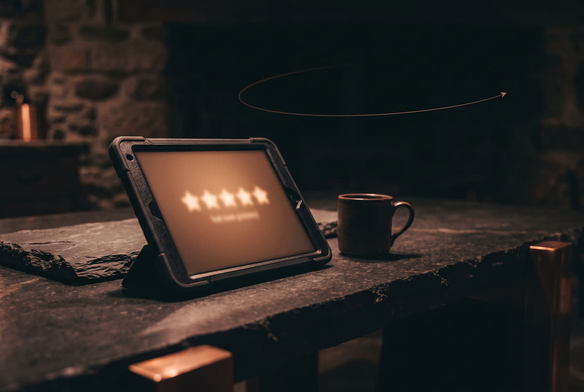 A five-star customer review on a tablet