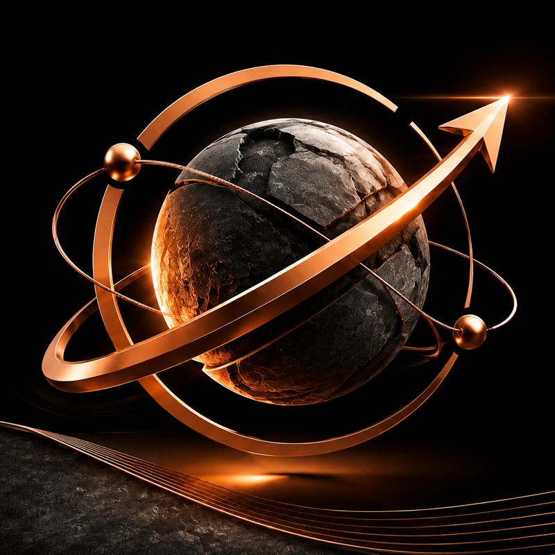 Orvannis brand mark - copper orbital rings around a basalt planet