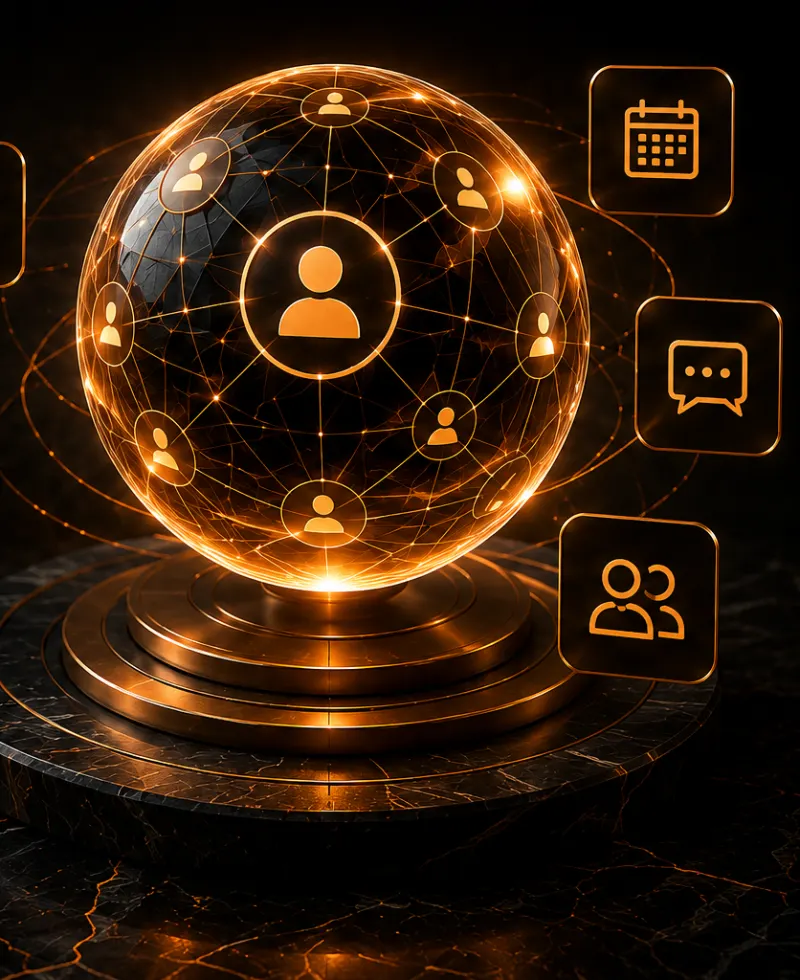 A glowing globe of connected customers, with calendar, message and contact icons around it