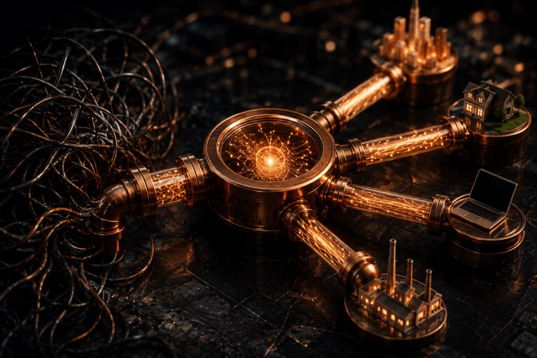 A copper conduit hub carrying glowing current from tangled black wires out to a home, a business, a laptop, and a factory