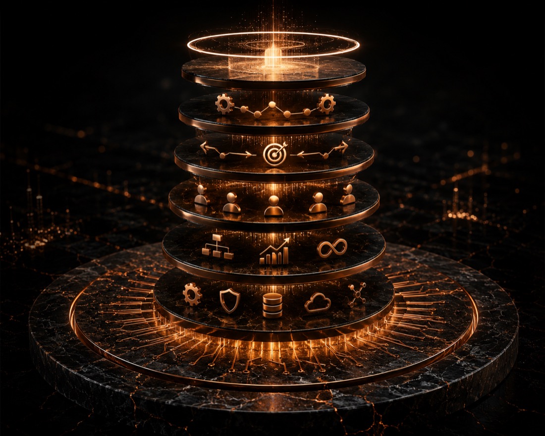 The Orvannis platform as a marble foundation disc with six stacked copper levels rising to a glowing orbit ring