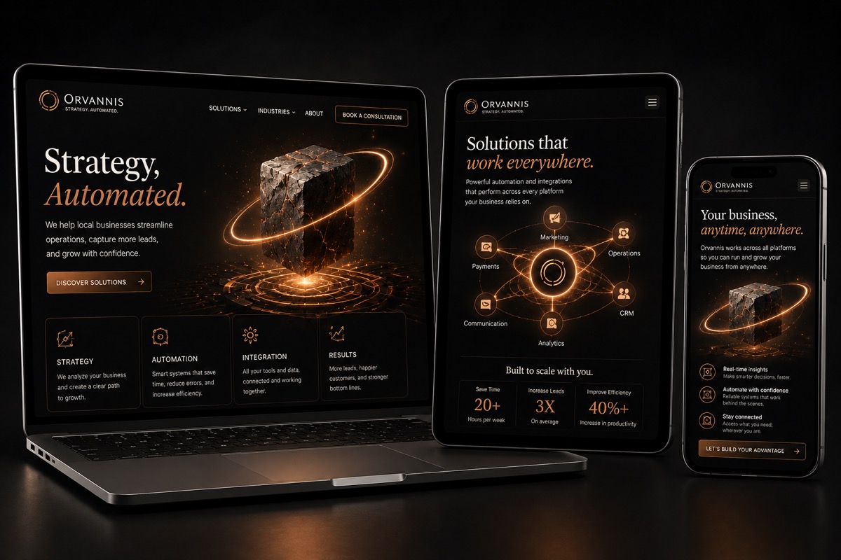 The Orvannis platform on laptop, tablet, and phone - Strategy, Automated