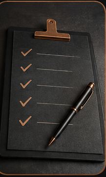 A clipboard checklist with copper checkmarks