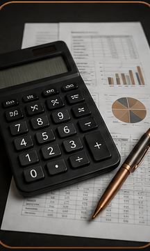 A calculator, pen, and financial reports