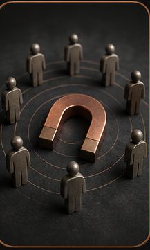 A copper magnet holding a circle of customers close