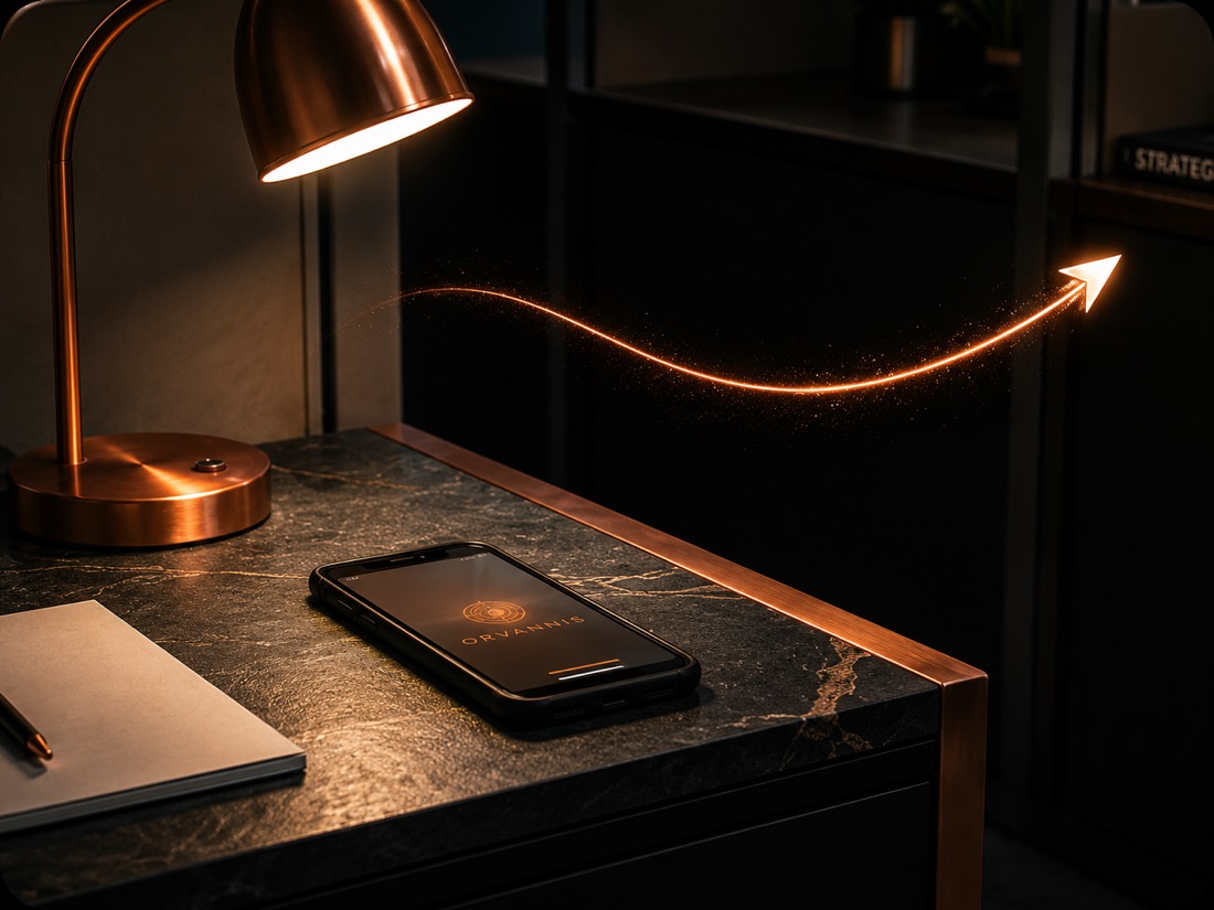 A phone on a desk lighting up with the Orvannis app