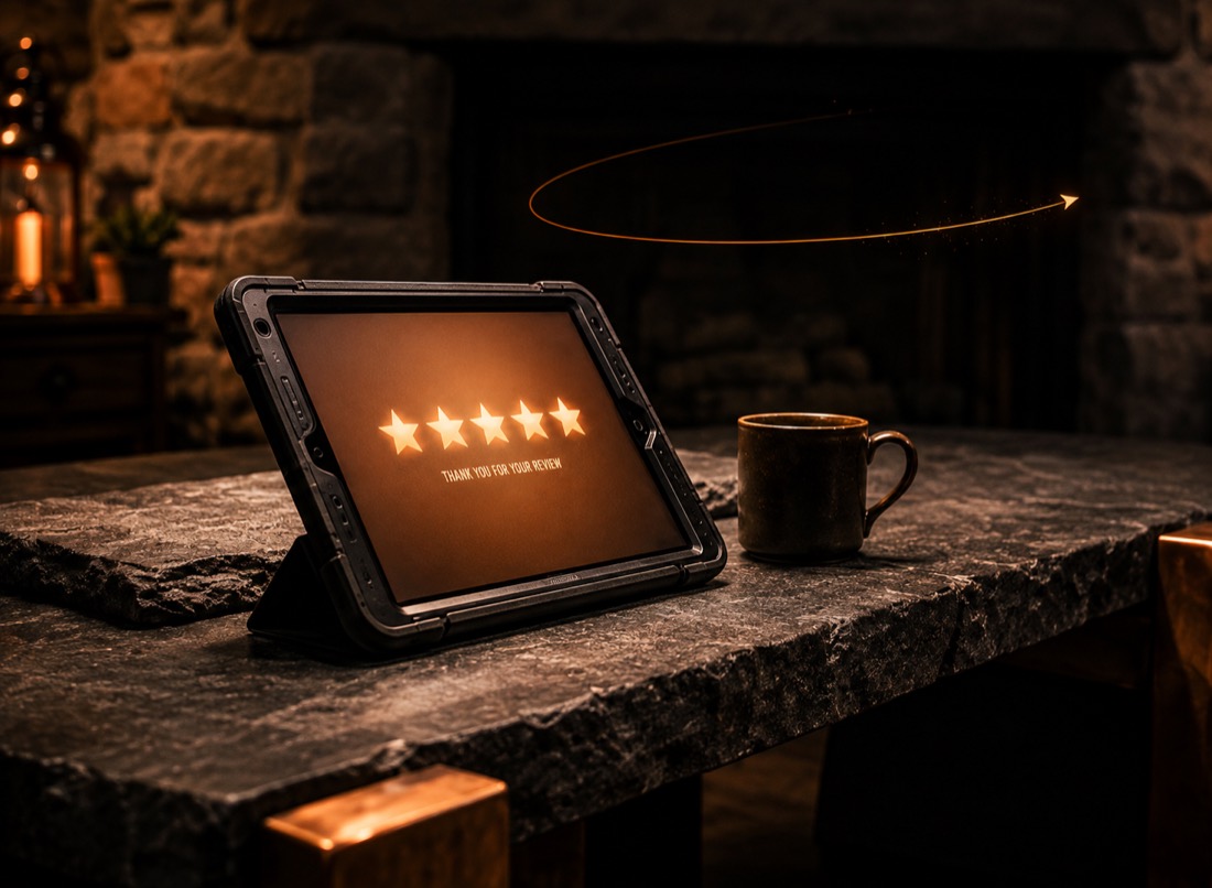 A five-star review on a tablet by a fireplace
