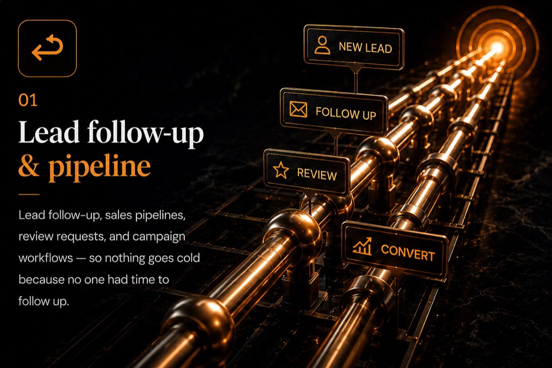 01 - Lead follow-up & pipeline: copper pipeline carrying leads from new lead to follow up, review, and convert