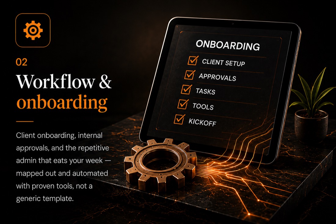 02 - Workflow & onboarding: tablet onboarding checklist powered by a copper gear