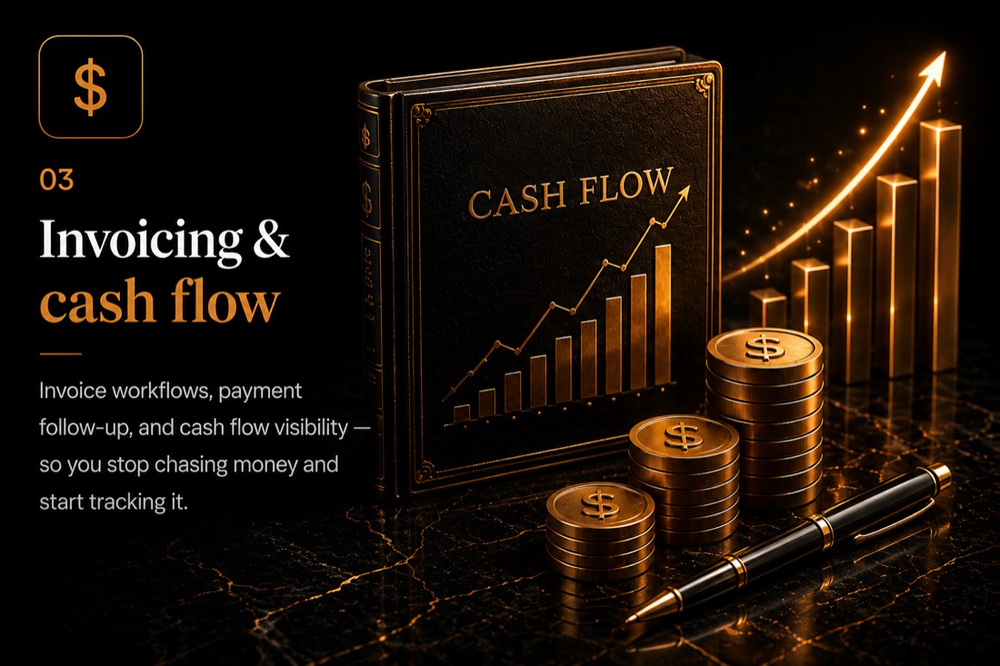 03 - Invoicing & cash flow: ledger, coin stacks, and a rising copper chart